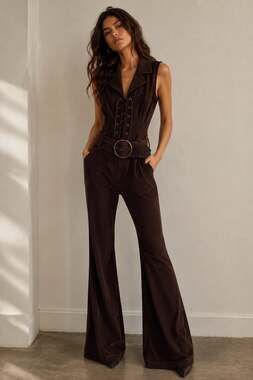 Hotkiss Women's Brown Velvet Sleeveless Lace-Up Jumpsuit Size M